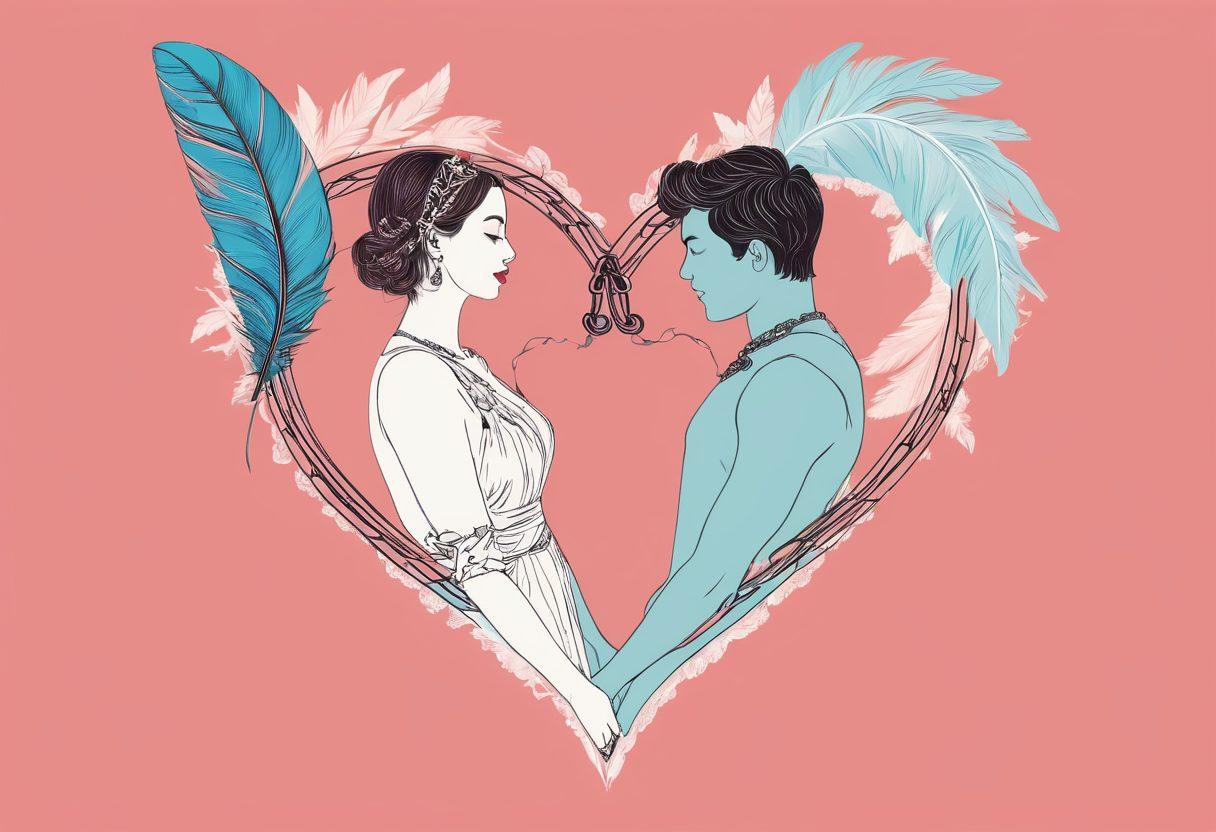 A whimsical illustration of a heart intertwined with playful symbols representing kink, like handcuffs, a feather, and a blindfold, set against a dreamy pastel background. Include silhouettes of diverse couples engaging in flirtatious gazes and playful interactions, emphasizing connection and intimacy. Incorporate soft glows and sparkles to evoke warmth and excitement in the atmosphere. whimsical art. vibrant colors. white background.