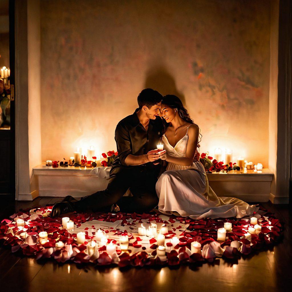 A warm, intimate setting featuring a couple sharing a tender moment, surrounded by soft candlelight and scattered rose petals. Their smiles and gentle touches convey a sense of deep connection and flirtation, while a backdrop of a cozy, elegantly decorated room enhances the romantic atmosphere. Include subtle hints of love letters and intertwined hands to symbolize intimacy. painterly style. warm colors. soft focus.