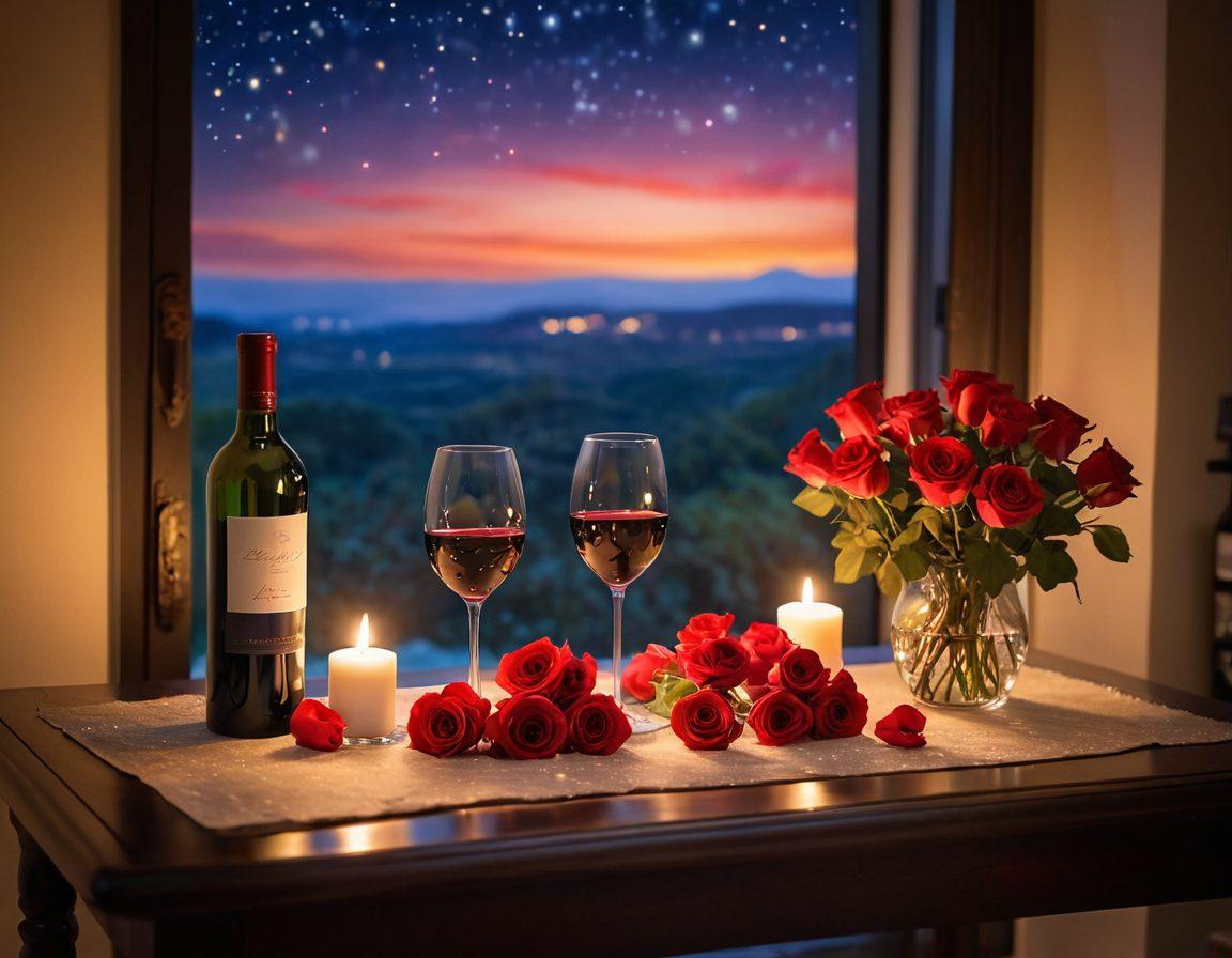 A romantic candlelit setting featuring a cozy table for two, adorned with elegant red roses and soft, flickering candles. The background showcases a dreamy, starry night sky, enhancing the sense of intimacy and passion. A bottle of wine and two wine glasses are placed on the table, inviting a sense of connection. Soft warm lighting to evoke feelings of desire and intimacy. vibrant colors. super-realistic.